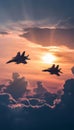 Dynamic depiction of two fighter jets in flight against a stunning sunset with dramatic clouds Royalty Free Stock Photo