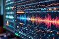 Dynamic digital audio analysis display with colorful waveforms and graphs on high-tech screen Royalty Free Stock Photo