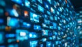 Dynamic digital background with floating screens and icons for online media and news concepts