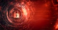 A dynamic digital background showcases a padlock surrounded by intricate cyber elements, symbolizing advanced security and