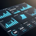 A dynamic digital dashboard displays various data visualizations, including charts, graphs, and numbers, on a dark interface Royalty Free Stock Photo