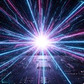 Futuristic Cybernetic Energy Burst from Microchip with Neon Light Streaks Royalty Free Stock Photo