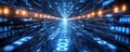 Dynamic digital landscape with blue light rays and binary code