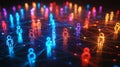 Dynamic digital network with glowing human figures in various colors, representing global connectivity. Royalty Free Stock Photo