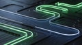 Dynamic Digital Pathways: Interconnected Neon Light Lines on a Futuristic Circuit Board Representing High-Speed Data Flow and Royalty Free Stock Photo