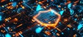 Glowing Shield Icon on Digital Network with Encrypted Firewall Patterns for Cybersecurity Design