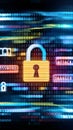 Dynamic digital tableau conveys urgency of cybersecurity through bold colors and binary codes