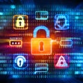 Dynamic digital tableau conveys urgency of cybersecurity through bold colors and binary codes