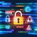 Dynamic digital tableau conveys urgency of cybersecurity through bold colors and binary codes