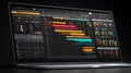 Dynamic digital timeline software interface showcasing color-coded tracks on a modern laptop screen Royalty Free Stock Photo