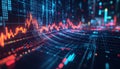 Dynamic Digital Visualization of Financial Market Trends and Big Data Analysis Featuring Glowing Red Line Graphs and Blue Grid Royalty Free Stock Photo