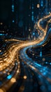 A dynamic digital wave of glowing binary code and light trails symbolizing data flow and connectivity in a futuristic Royalty Free Stock Photo