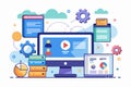 A dynamic digital workspace showcasing a computer with interface elements, graphs, and gears, ideal for web setup, Website setup Royalty Free Stock Photo