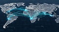 Dynamic digital world map with bright blue lines showing global connection and data flow. Royalty Free Stock Photo
