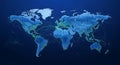 Dynamic digital world map illustrating a complex global network of interconnected cities and data streams Royalty Free Stock Photo