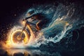 Cyclist in helmet riding bicycle on abstract background