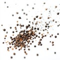 Falling black peppercorns against white background with dynamic motion