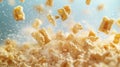 A dynamic display of cereal pieces in mid-air, showcasing texture and motion Royalty Free Stock Photo