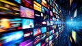 A dynamic display of colorful digital screens showcasing various media content. The scene conveys the concept of technology and Royalty Free Stock Photo