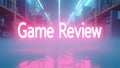 Dynamic display of game review with glowing typography in a library setting