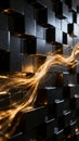 A dynamic display of golden light trails weaving through a modern geometric black cube wall creating a striking contrast and Royalty Free Stock Photo