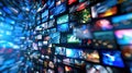 A dynamic display of numerous digital screens showcasing various media content. The screens are arranged in a swirling pattern Royalty Free Stock Photo