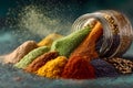 Vibrant Spices Explosion: Colorful Culinary Art for Kitchen Decor and Recipe Design Generative AI Royalty Free Stock Photo