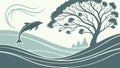 Dynamic Dolphins Leaping in Ocean with Coastal Tree, vector design Generative AI Royalty Free Stock Photo