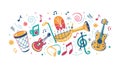 Dynamic Doodle Art of Musical Instruments and Notes, vector design Generative AI Royalty Free Stock Photo