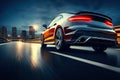 Dynamic Drive: Rear View of Blue Business Car Speeding Through a High-Speed Turn on the Highway. created with Generative AI Royalty Free Stock Photo