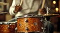 Dynamic Drummer: Closeup of Drummer Playing with Intense Focus and Passion, Dramatic Lighting Captures Energy and Textur Royalty Free Stock Photo