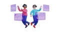 Dynamic duo exploring virtual data dashboards and interactive analytics in VR Royalty Free Stock Photo