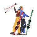 Dynamic Duo Of Skiers, Stylishly Posing Isolated On White Backdrop. Young Couple Characters, Vector Illustration