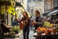 Dynamic Duo: Street Musicians Serenading in Vibrant Urban Atmosphere