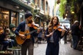 Dynamic Duo: Street Musicians Serenading in Vibrant Urban Atmosphere