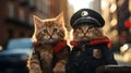 Dynamic Duo: Two Cats Patrolling the City in Police Uniforms and Caps AI Generated