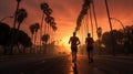 Dynamic Dusk Sprint: Silhouetted Runners Racing Amidst Palm Trees