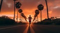 Dynamic Dusk Sprint: Silhouetted Runners Racing Amidst Palm Trees