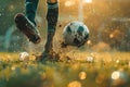 Dynamic and energetic moment of a soccer player kicking up mud while playing on a rain-soaked field, showcasing action