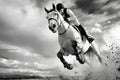 Dynamic equestrian: rider and horse in motion against dramatic skies Royalty Free Stock Photo
