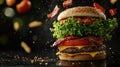 Dynamic Exploding Burger with Flying Ingredients Including Lettuce, Tomato, Cheese, and Bacon Against a Dark Background