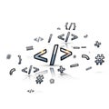 Dynamic explosion of coding symbols and programming elements in motion Royalty Free Stock Photo