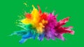 Dynamic explosion colored powder against green screen chromakey background. Abstract backdrop with paint cloud