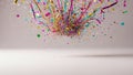 A dynamic explosion of colorful confetti streamers and small particles bursting outwards from a central point against a neutral Royalty Free Stock Photo