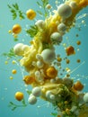 Dynamic Explosion of Culinary Flavors Fresh Herbs, Citrus Drops, and Egg in Mid Air Against Teal Background Royalty Free Stock Photo