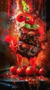 Dynamic Explosion of Flavors with Juicy Burger and Flying Ingredients Against Artistic Backdrop