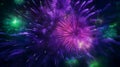 A dynamic explosion of lime green and violet fireworks, creating a vivid contrast against the dark background