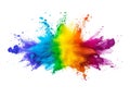 Dynamic explosion of rainbow-colored dust creating vibrant artistic effect. Explosive burst of colored paint powder in rainbow