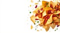 A dynamic explosion of tortilla chips with chili, beans, and cheese, set against a white background, capturing the energy of a Royalty Free Stock Photo