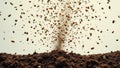 Dynamic explosion of various nuts and seeds in midair above soil